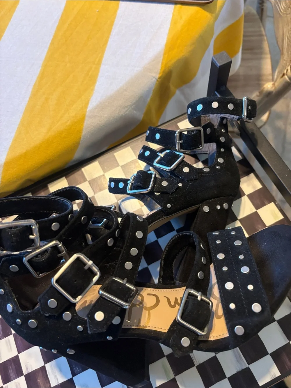 Sam Edelman Black Studded Multi-Strap High Heels
